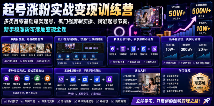 苗子起号涨粉实战变现训练营，多类目零基础爆款起号、精准起号节奏、新手稳涨粉可落地变现全课-吾爱云课堂