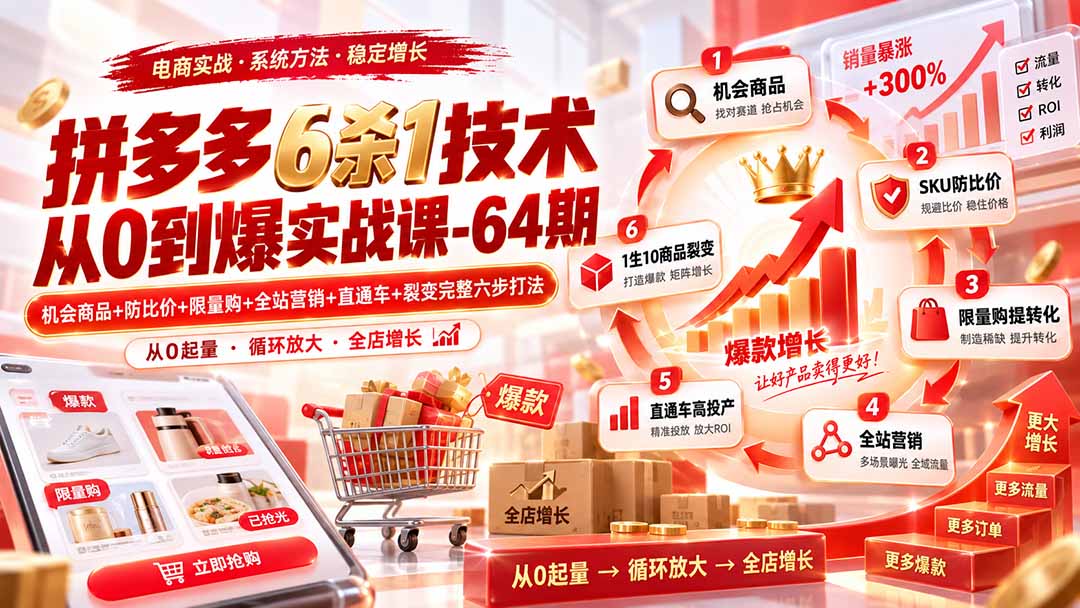 拼多多6杀1技术从0到爆实战课-64期：机会商品+防比价+限量购+全站营销+直通车+裂变完整六步打法-吾爱云课堂