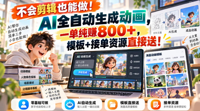 不会剪辑也能做！AI全自动生成动画，一单纯賺800+，模板+接单资源直接送！【揭秘】-吾爱云课堂