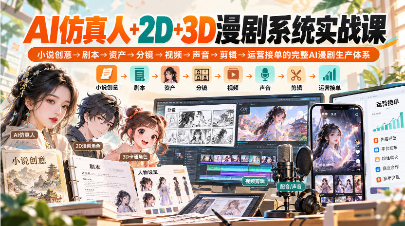 【无水印】AI仿真人+2D+3D漫剧系统实战课，小说创意→剧本→资产→分镜→视频→声音→剪辑→运营接单的完整AI漫剧生产体系-吾爱云课堂