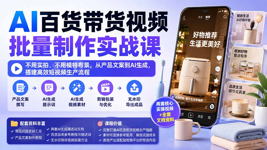 AI百货带货视频批量制作实战课：不用实拍、不用模特布景，从产品文案到AI生成，搭建高效短视频生产流程-吾爱云课堂
