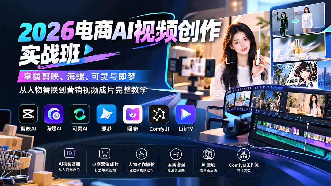 2026电商AI视频创作实战班：掌握剪映、海螺、可灵与即梦，从人物替换到营销视频成片完整教学-吾爱云课堂
