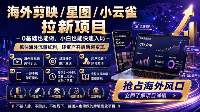 海外剪映 / 星图 / 小云雀拉新项目 普通人也能上手的跨境流量变现副业-吾爱云课堂