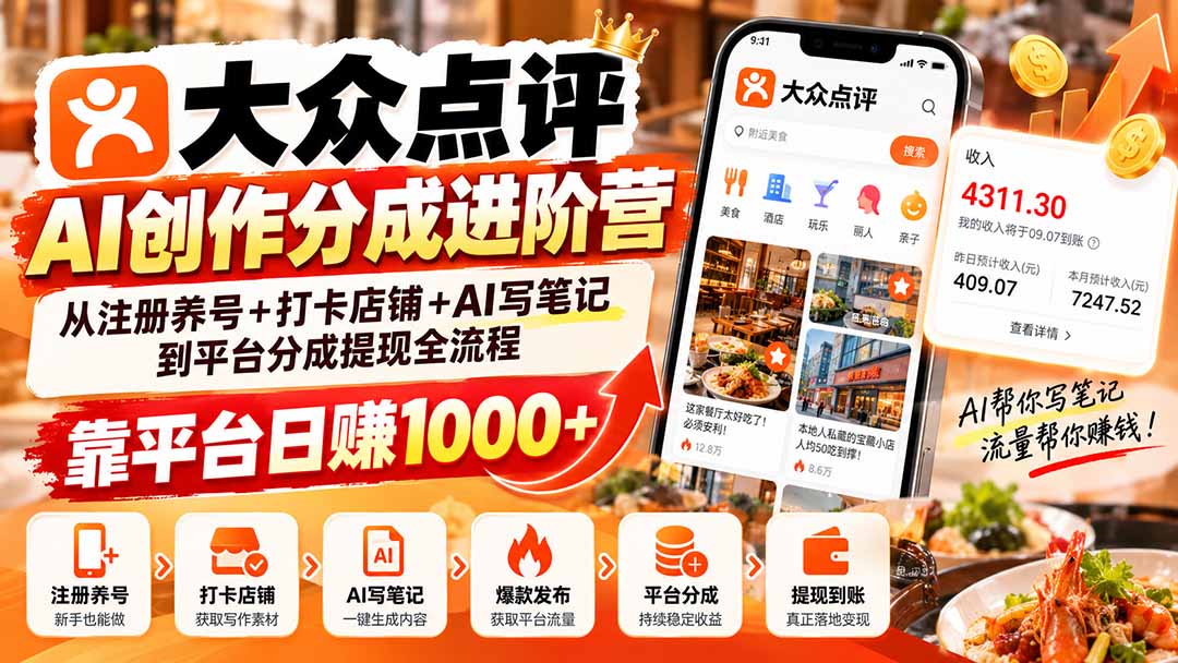 大众点评AI创作分成进阶营：从注册养号+打卡店铺+AI写笔记到平台分成提现全流程，靠平台日赚1000+-吾爱云课堂
