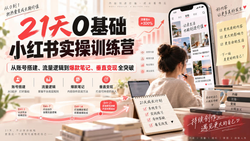 21天0基础小红书实操训练营|从账号搭建、流量逻辑到爆款笔记、垂直变现全突破-吾爱云课堂