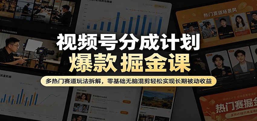 视频号分成计划爆款掘金课：多热门赛道玩法拆解，零基础无脑混剪轻松实现长期被动收益-吾爱云课堂