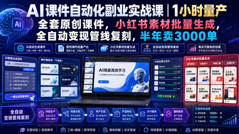 AI课件自动化副业实战课｜1小时量产全套原创课件，小红书素材批量生成，全自动变现管线复刻，半年卖3000单-吾爱云课堂