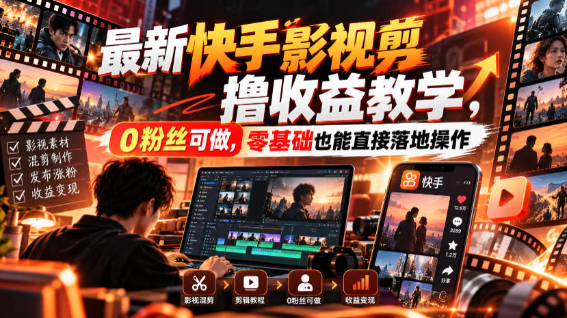 最新快手影视混剪撸收益教学，0粉丝可做，零基础也能直接落地操作-吾爱云课堂