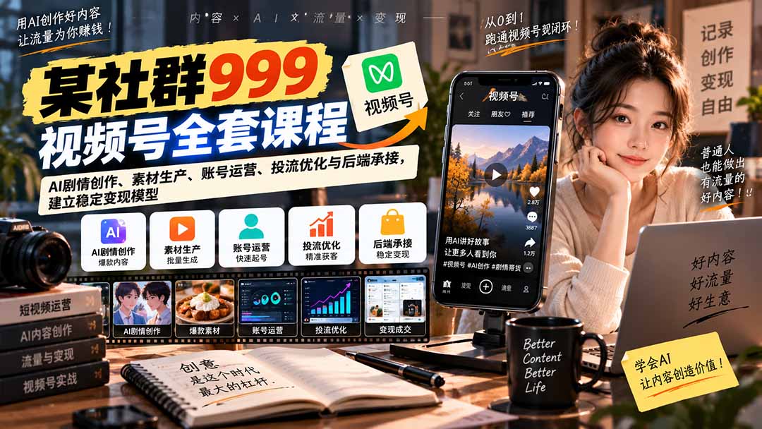 【无水印】某社群999视频号全套课程：AI剧情创作、素材生产、账号运营、投流优化与后端承接，建立稳定变现模型-吾爱云课堂