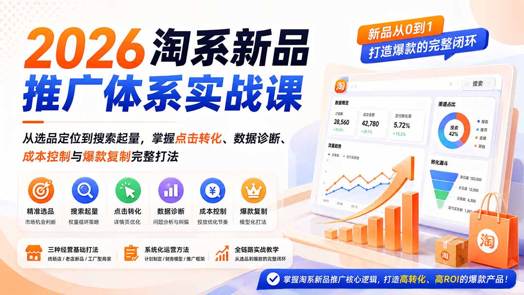 2026淘系新品推广体系实战课：从选品定位到搜索起量，掌握点击转化、数据诊断、成本控制与爆款复制完整打法-吾爱云课堂