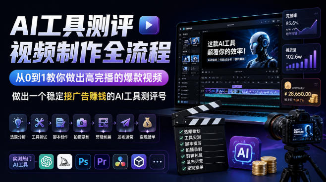 AI工具测评视频制作全流程，从0到1教你做出高完播的爆款视频，做出一个稳定接广告賺钱的AI工具测评号-吾爱云课堂