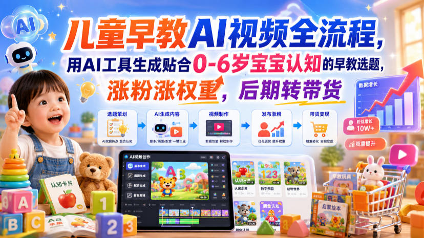 儿童早教AI视频全流程，用AI工具生成贴合0-6岁宝宝认知的早教选题，涨粉涨权重，后期转带货-吾爱云课堂