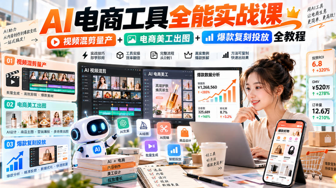 AI电商工具全能实战教学，视频混剪量产+电商美工出图+爆款复刻投放全教程​-吾爱云课堂