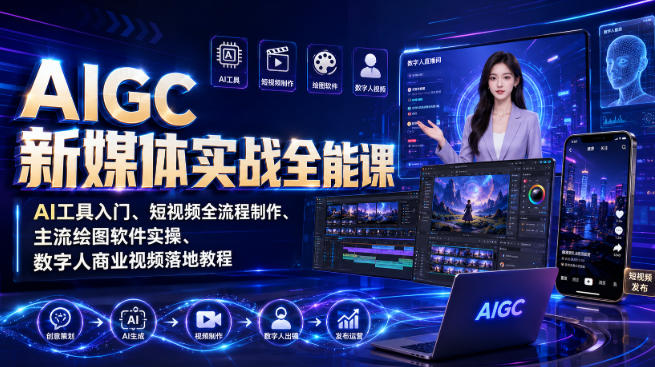 AIGC新媒体实战全能课｜AI工具入门、短视频全流程制作、主流绘图软件实操、数字人商业视频落地教程-吾爱云课堂