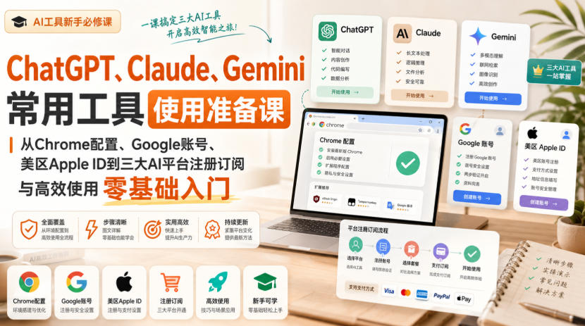 ChatGPT、Claude、Gemini常用工具使用准备课｜从Chrome配置、Google账号、美区Apple ID到三大AI平台注册订阅与高效使用零基础入门-吾爱云课堂