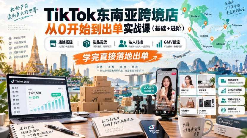 TikTok东南亚跨境店从0开始到出单实战课(基础+进阶)，店铺搭建、选品发货、达人对接、GMV投流，学完直接落地出单-吾爱云课堂