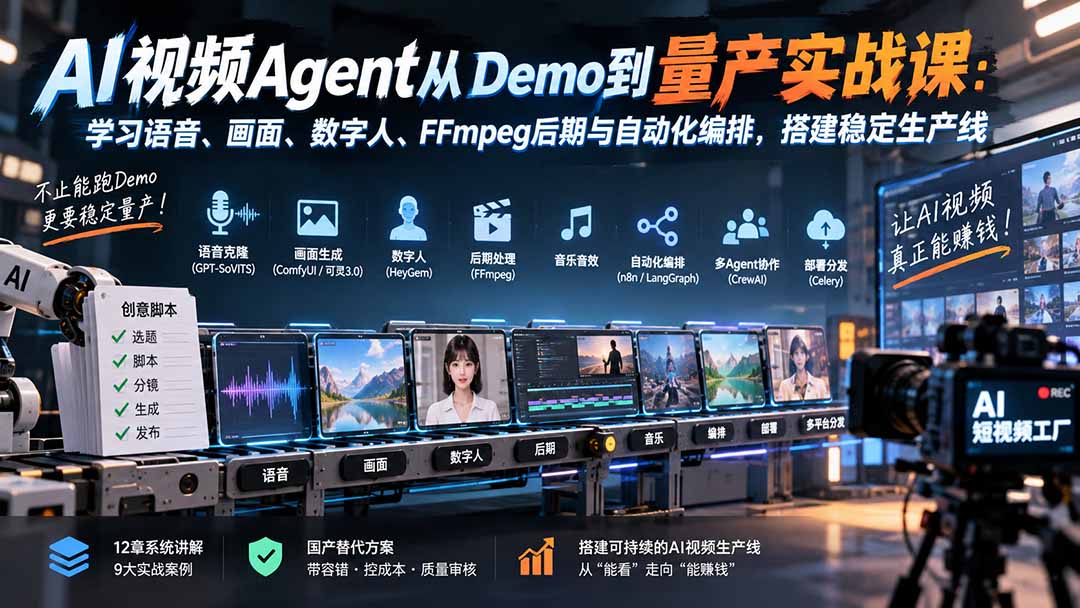 AI视频Agent从Demo到量产实战课：学习语音、画面、数字人、FFmpeg后期与自动化编排，搭建稳定生产线-吾爱云课堂
