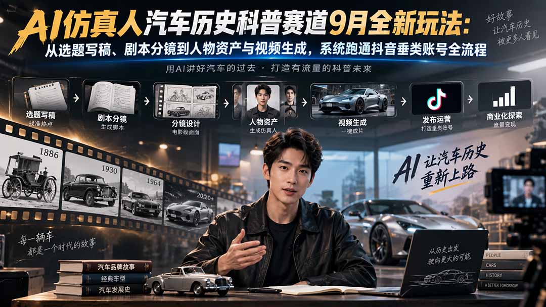 AI仿真人汽车历史科普赛道9月全新玩法：从选题写稿、剧本分镜到人物资产与视频生成，系统跑通抖音垂类账号全流程-吾爱云课堂