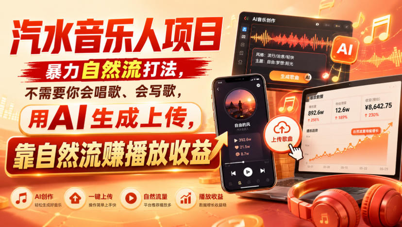 汽水音乐人项目，暴力自然流打法，不需要你会唱歌、会写歌，用AI生成上传，靠自然流賺播放收益-吾爱云课堂