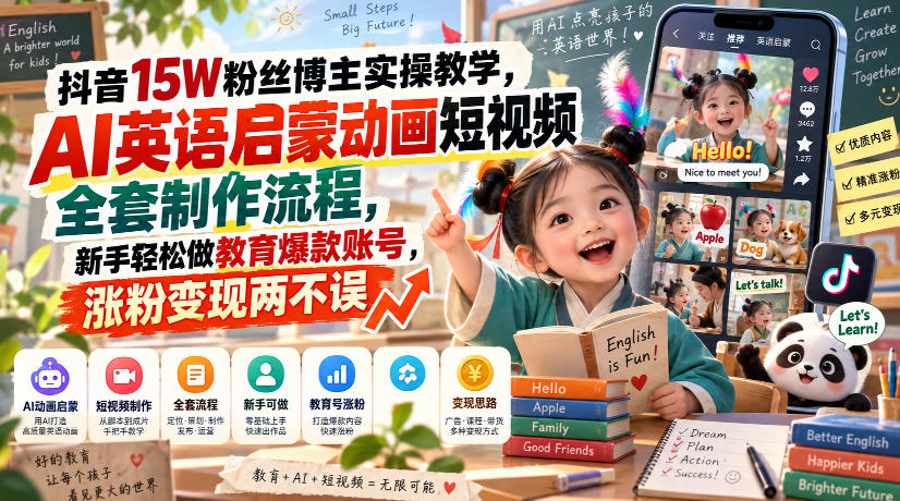 抖音15W粉丝博主实操教学，AI英语启蒙动画短视频全套制作流程，新手轻松做教育爆款账号，涨粉变现两不误-吾爱云课堂