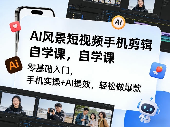 AI风景短视频手机剪辑自学课，零基础入门，手机实操+AI提效，轻松做爆款-吾爱云课堂