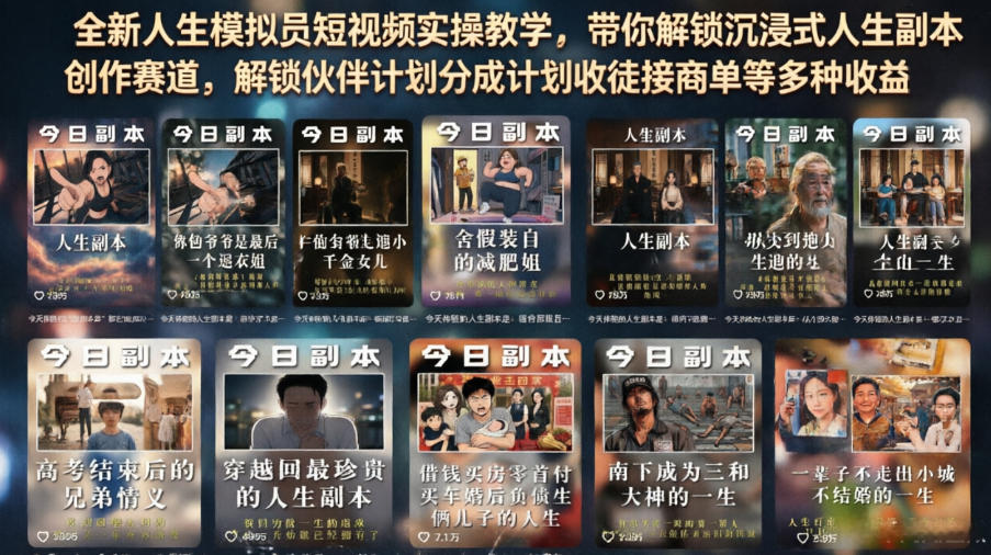 全新人生模拟员短视频实操教学，带你解锁沉浸式人生副本创作赛道，解锁伙伴计划分成计划收徒接商单等多种收益-吾爱云课堂