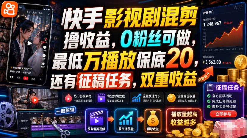 快手影视剧混剪撸收益，0粉丝可做，最低万播放保底20，还有征稿任务，双重收益-吾爱云课堂