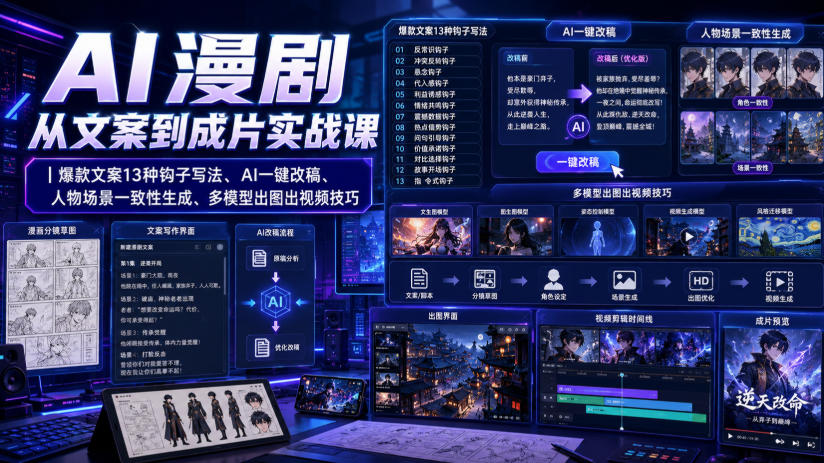 AI漫剧从文案到成片实战课｜爆款文案13种钩子写法、AI一键改稿、人物场景一致性生成、多模型出图出视频技巧-吾爱云课堂