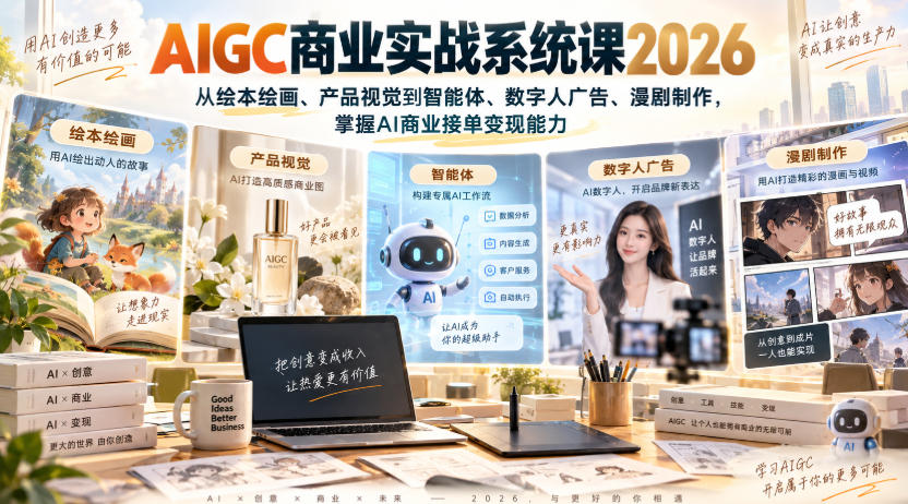 AIGC商业实战系统课2026，从绘本绘画、产品视觉到智能体、数字人广告、漫剧制作，掌握AI商业接单变现能力-吾爱云课堂