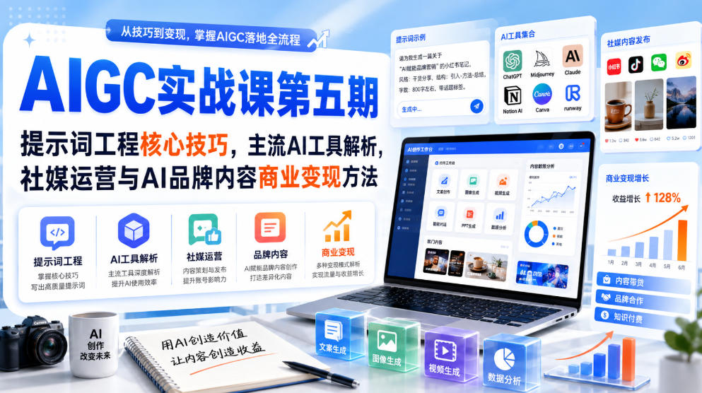 刺猬星球·AIGC实战课第五期，提示词工程核心技巧，主流AI工具解析，社媒运营与AI品牌内容商业变现方法-吾爱云课堂