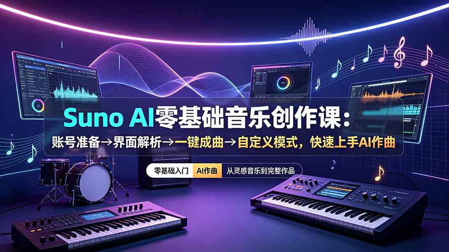 Suno AI零基础音乐创作课：账号准备→界面解析→一键成曲→自定义模式，快速上手AI作曲-吾爱云课堂