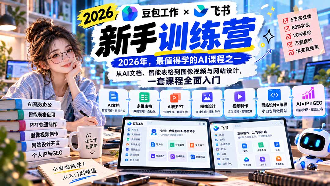 2026豆包工作+飞书新手训练营-9月新课：从AI文档、智能表格到图像视频与网站设计，一套课程全面入门-吾爱云课堂
