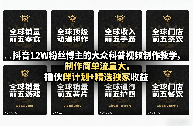 抖音12W粉丝博主的大众科普视频制作教学，制作简单流量大，撸伙伴计划+精选独家收益-吾爱云课堂