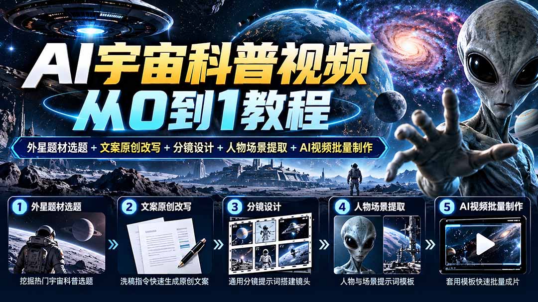 AI宇宙科普视频从0到1教程｜外星题材选题+文案原创改写+分镜设计+人物场景提取+AI视频批量制作-吾爱云课堂