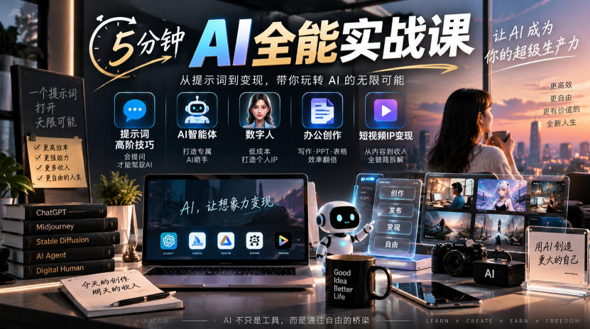 5分钟AI全能实战课｜提示词高阶技巧+AI智能体+数字人+办公创作+短视频IP变现全教程-吾爱云课堂