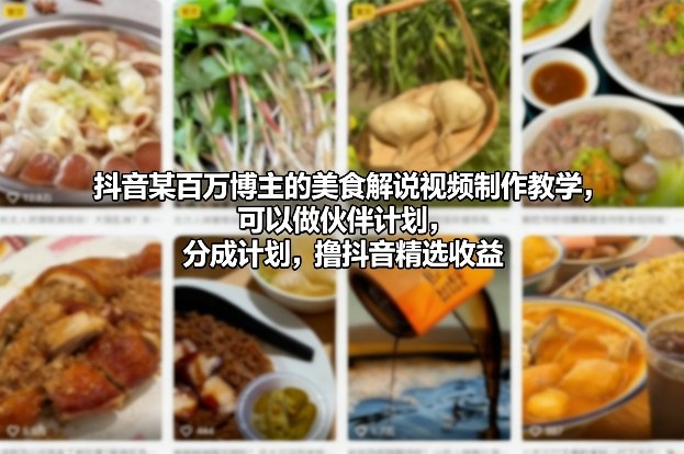 抖音某百万博主的美食解说视频制作教学，可以做伙伴计划，分成计划，撸抖音精选收益(更新)-吾爱云课堂