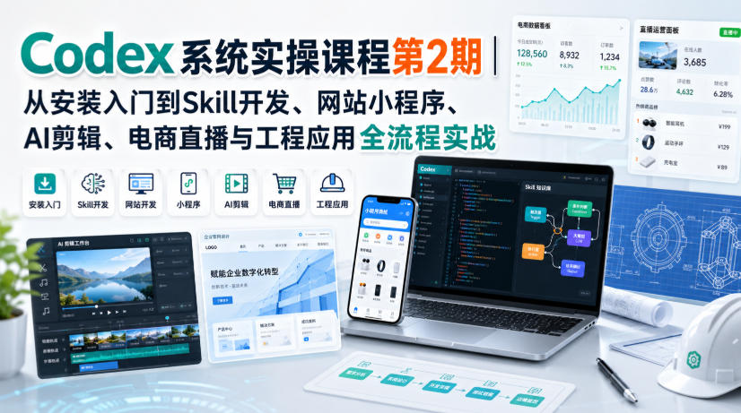 Codex系统实操课程第2期｜从安装入门到Skill开发、网站小程序、AI剪辑、电商直播与工程应用全流程实战-吾爱云课堂