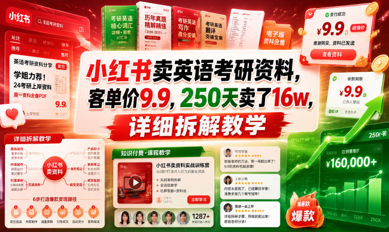 小红书卖英语考研资料，客单价9.9，250天卖了16w，详细拆解教学-吾爱云课堂