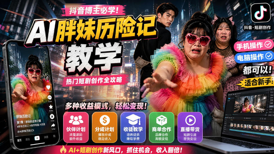 抖音博主的AI胖妹历险记教学，伙伴计划+分成计划+收徒+商单等多种收益，适合新手，手机电脑都可以操作-吾爱云课堂