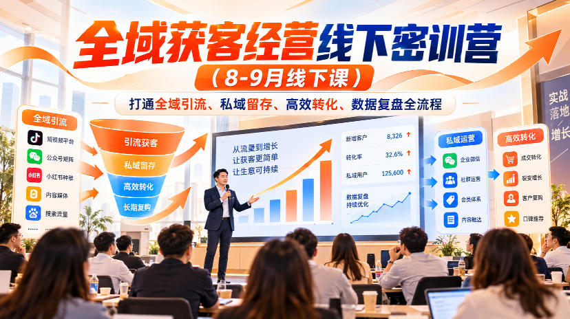 全域获客经营线下密训营(8-9月线下课)，打通全域引流、私域留存、高效转化、数据复盘全流程-吾爱云课堂