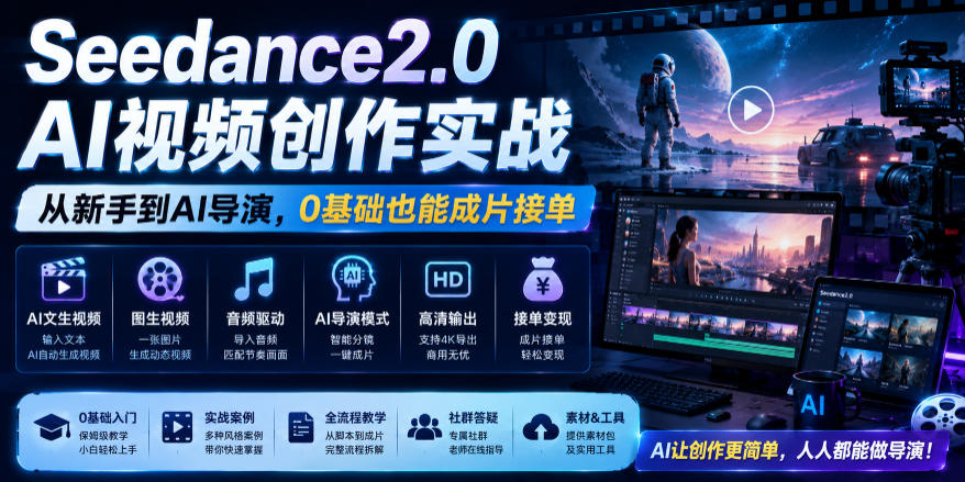 Seedance2.0 AI视频创作实战，从新手到AI导演，0基础也能成片接单变现-吾爱云课堂