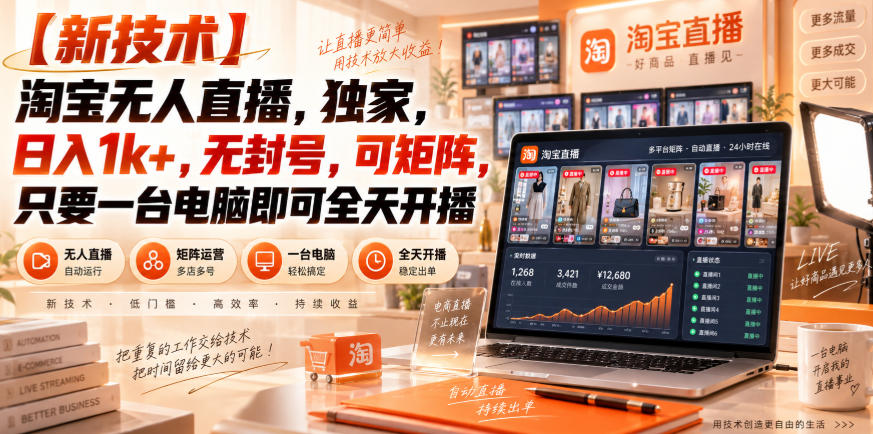 【独家新技术】淘宝无人直播，日入1k+，无封号，可矩阵，只要一台电脑即可全天开播【揭秘】-吾爱云课堂
