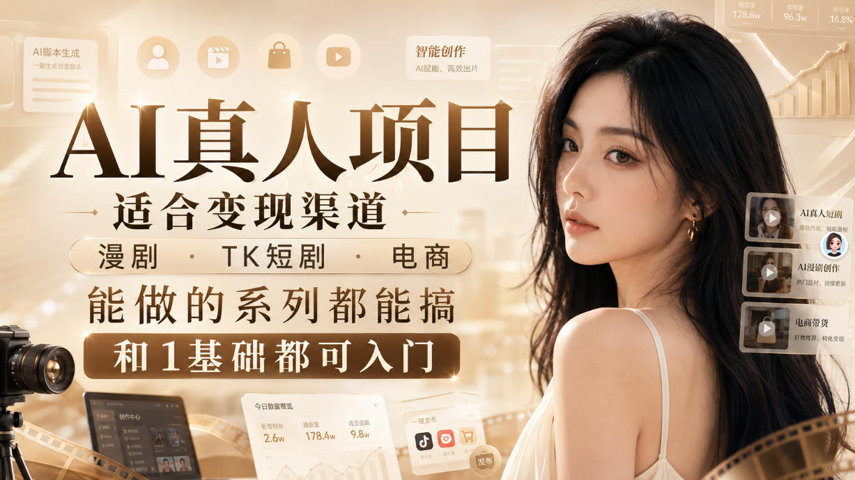 AI真人项目，适合变现渠道，漫剧，TK短剧，电商，能做的系列都能搞，0和1基础都可入门-吾爱云课堂