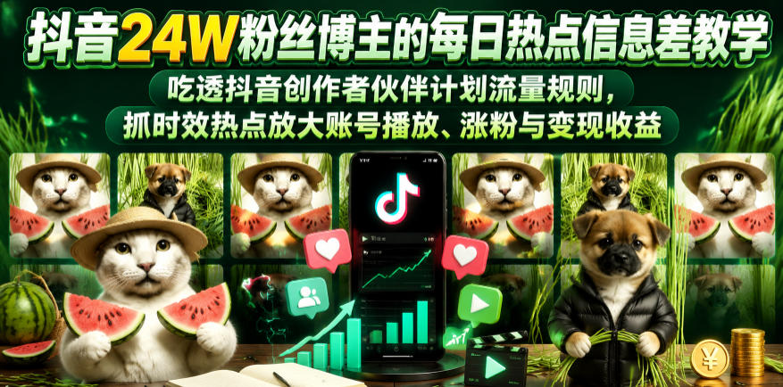 抖音24W粉丝博主的每日热点信息差教学，吃透创作者伙伴计划流量规则，抓时效热点放大账号播放、涨粉与变现收益-吾爱云课堂