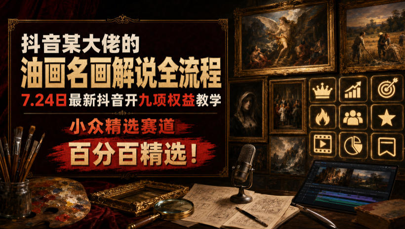 抖音某大佬的油画名画解说全流程，7.24日最新抖音开九项权益教学，小众精选赛道，百分百精选！-吾爱云课堂