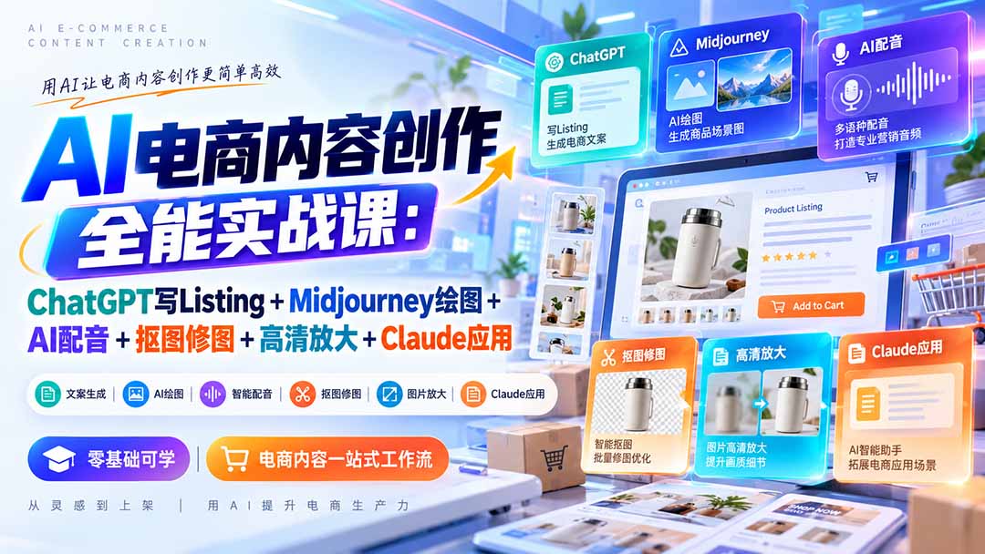 【无水印】AI电商内容创作全能实战课：ChatGPT写Listing+Midjourney绘图+AI配音+抠图修图+高清放大+Claude应用-吾爱云课堂