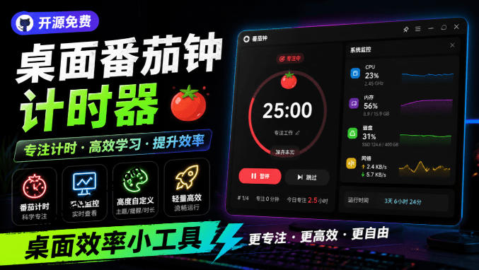 仅1.16MB，开源极简的桌面时钟、番茄钟计时器，还支持系统监控显示，桌面效率小工具Catime-吾爱云课堂