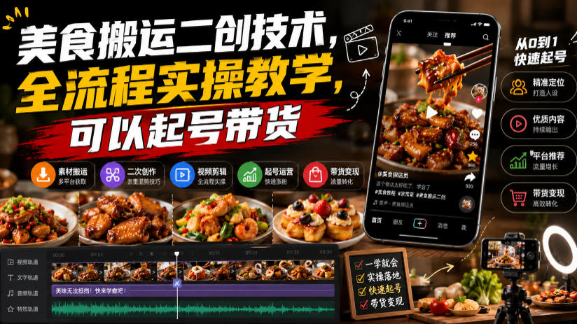 美食搬运二创技术，全流程实操教学，可以起号带货-吾爱云课堂