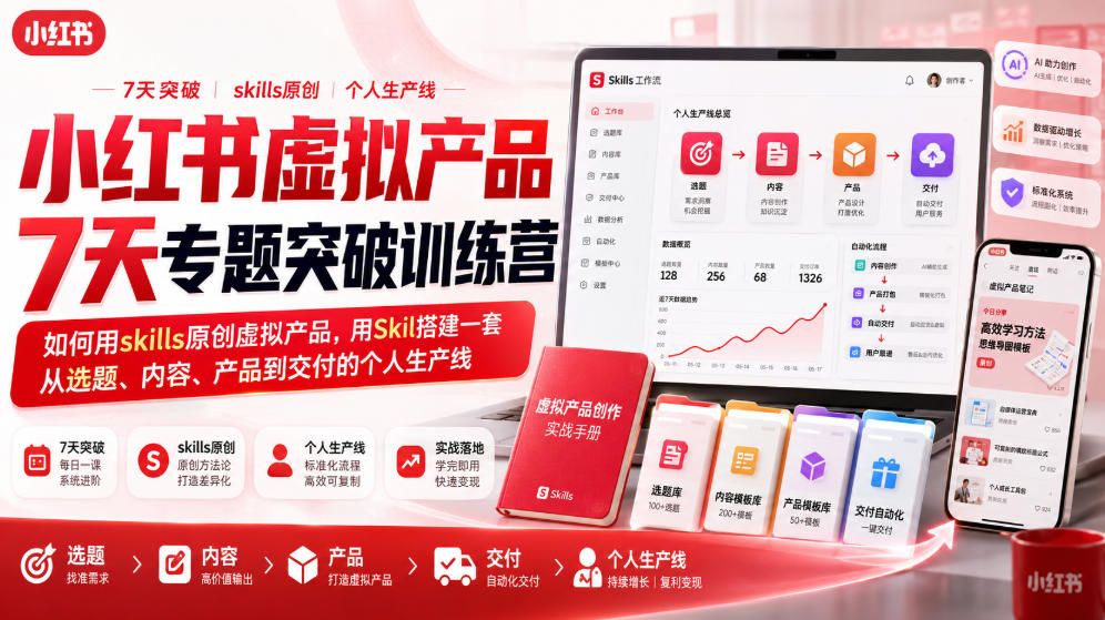 小红书虚拟产品7天专题突破训练营，如何用skills原创虚拟产品，用Skil搭建一套从选题、内容、产品到交付的个人生产线-吾爱云课堂