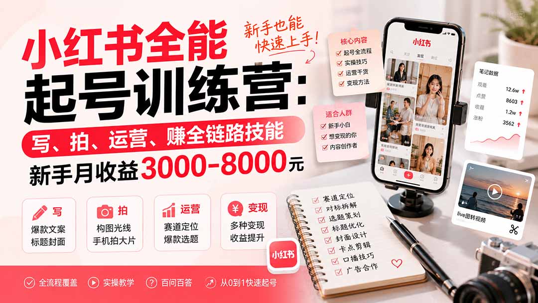 小红书全能起号训练营-更新：写、拍、运营、赚全链路技能，新手月收益3000-8000元-吾爱云课堂